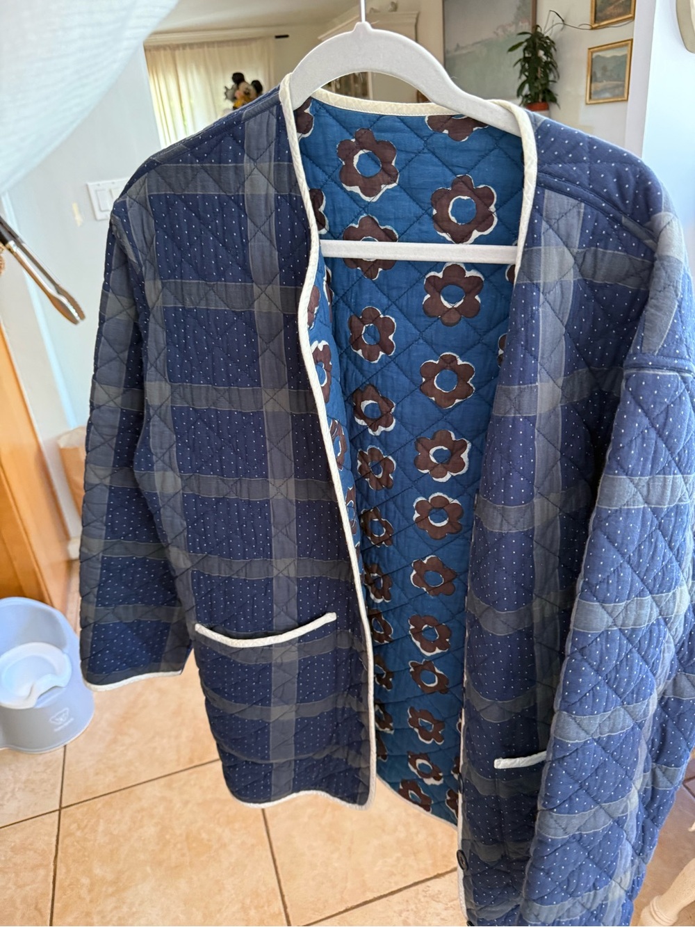 Quilted Navy Plaid Jacket with Floral Lining